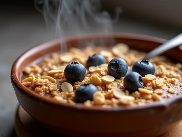 Baked oatmeal with blueberries and almonds in a rustic dish.