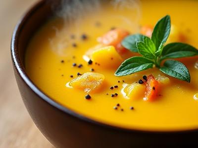 Cozy bowl of turmeric ginger soup with vegetables, steam rising.